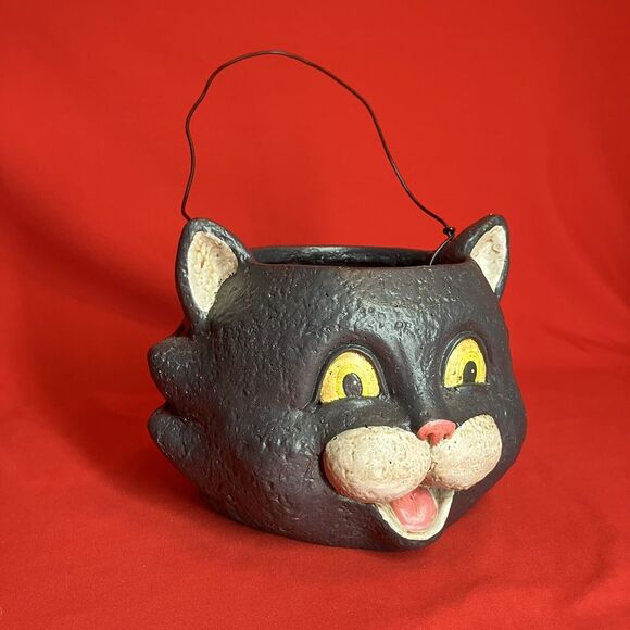 Black Cat Basket / Candy Bowl / Composite Material / Wire Handle /Halloween/Flaw - Picture 1 of 16